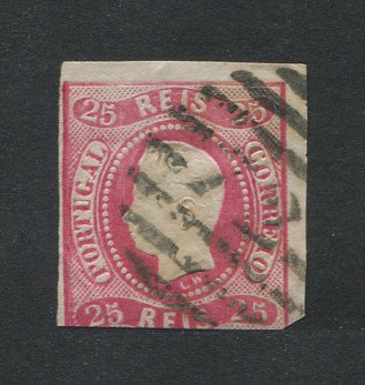 1866/7 - Afinsa nº 22. D. Luís I, fita curva.Selo de 25 reis usado. Margens pequenas. Apresenta um pequeno vinco. Carimbo nº 72 - Viana do Castelo (2º REFORMA). EXEMPLAR DE 2ª ESCOLHA.