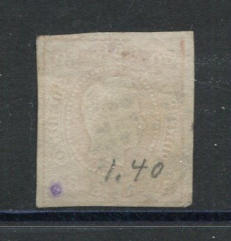 1866/7 - Afinsa nº 24. D. Luís I, fita curva.Selo de 80 reis usado. Margens pequenas. Apresenta um pequeno vinco. EXEMPLAR DE 2ª ESCOLHA.