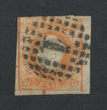 1866/7 - Afinsa nº 24. D. Luís I, fita curva.Selo de 80 reis usado. Boas margens. Apresenta o cunho ligeiramente aberto. EXEMPLAR DE 2ª ESCOLHA.