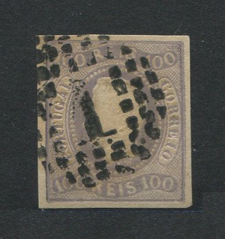 1866/7 - Afinsa nº 25a. D. Luís I, fita curva.Selo de 100 reis usado. Tipo Ia. Margens pequenas. Apresenta um pequeno vinco. EXEMPLAR DE 2ª ESCOLHA.