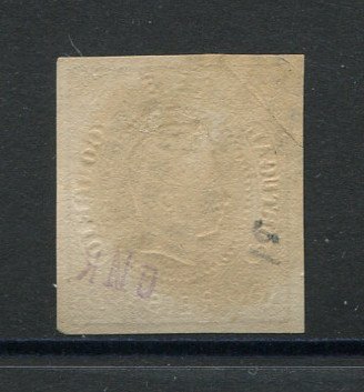1866/7 - Afinsa nº 25a. D. Luís I, fita curva.Selo de 100 reis usado. Tipo Ia. Margens pequenas. Apresenta um pequeno vinco. EXEMPLAR DE 2ª ESCOLHA.
