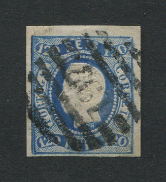 1866/7 - Afinsa nº 26. D. Luís I, fita curva. Selo de 120 reis usado. Boas margens. Carimbo nº 197 - Évora (2ª REFORMA). Em boas condições. EXEMPLAR NORMAL.