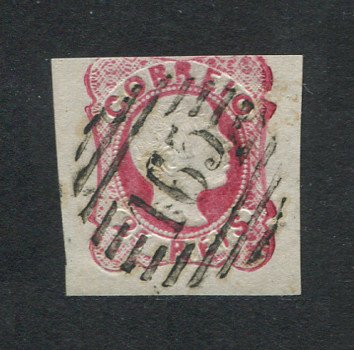 1856/8 - Afinsa nº 13. D. Pedro V. Cabelos anelados. Selo de 25 reis usado. Boas margens. Carimbo nº 165 - Elvas. Em boas condições. EXEMPLAR NORMAL.