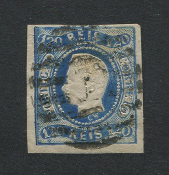 1866/7 - Afinsa nº 26. D. Luís I, fita curva.Selo de 120 reis usado. Boas margens. Apresenta o cunho aberto. EXEMPLAR DE 2ª ESCOLHA.