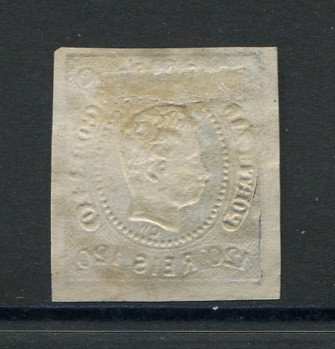 1866/7 - Afinsa nº 26. D. Luís I, fita curva.Selo de 120 reis usado. Boas margens. Apresenta o cunho aberto. EXEMPLAR DE 2ª ESCOLHA.
