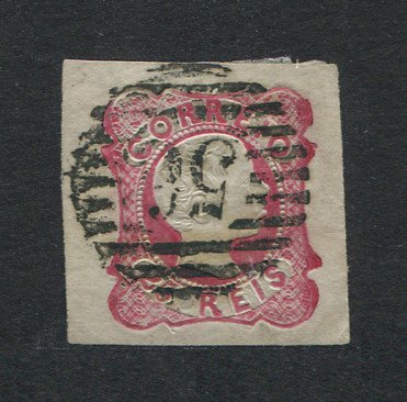 1856/8 - Afinsa nº 13. D. Pedro V. Cabelos anelados. Selo de 25 reis usado. Boas margens. Carimbo nº 56 - Braga. Em boas condições. EXEMPLAR NORMAL.