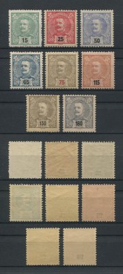 1898 - Afinsa nº 140/147. D. Carlos I. Novas Cores e Valores. Série completa nova SEM CHARNEIRA (**) e com goma original. Em boas condições.