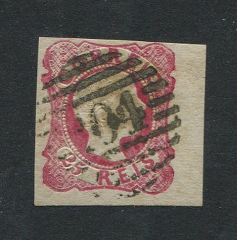 1856/8 - Afinsa nº 13. D. Pedro V. Cabelos anelados. Selo de 25 reis usado. Boas margens. Carimbo nº 104 - Caminha. Em boas condições. EXEMPLAR NORMAL.