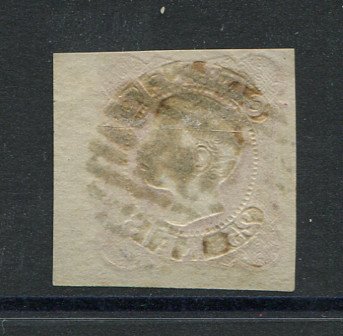 1856/8 - Afinsa nº 13. D. Pedro V. Cabelos anelados. Selo de 25 reis usado. Boas margens. Carimbo nº 104 - Caminha. Em boas condições. EXEMPLAR NORMAL.