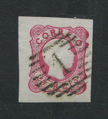 1856/8 - Afinsa nº 13. D. Pedro V. Cabelos anelados.Selo de 25 reis usado. Boas margens mas apresenta o cunho ligeiramente aberto. EXEMPLAR DE 2ª ESCOLHA.