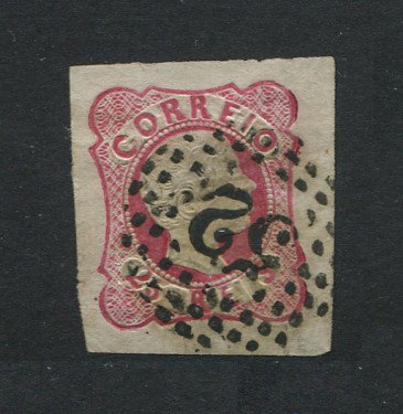 1856/8 - Afinsa nº 13. D. Pedro V. Cabelos anelados.Selo de 25 reis usado. Boas margens mas apresenta o cunho ligeiramente aberto. EXEMPLAR DE 2ª ESCOLHA.