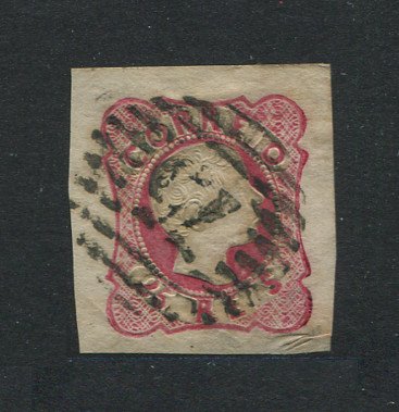1856/8 - Afinsa nº 13. D. Pedro V. Cabelos anelados.Selo de 25 reis usado. Boas margens mas apresenta uma transparência. Carimbo nº 75 - Vila do Conde. EXEMPLAR DE 2ª ESCOLHA.
