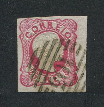 1856/8 - Afinsa nº 13. D. Pedro V. Cabelos anelados.Selo de 25 reis usado. Boas margens mas apresenta o cunho ligeiramente aberto. Carimbo nº 103 - Barcelos. EXEMPLAR DE 2ª ESCOLHA.