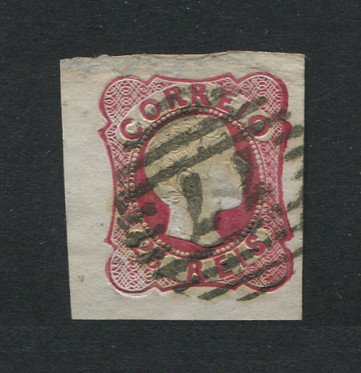 1856/8 - Afinsa nº 13. D. Pedro V. Cabelos anelados.Selo de 25 reis usado. Boas margens mas apresenta várias transparências. Carimbo nº 77 - Coimbra. EXEMPLAR DE 2ª ESCOLHA.