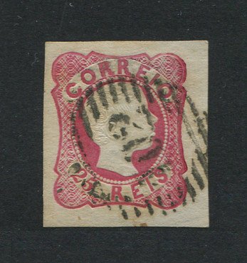 1856/8 - Afinsa nº 13. D. Pedro V. Cabelos anelados.Selo de 25 reis usado. Boas margens mas apresenta uma pequena transparência e o cunho ligeiramente aberto. Carimbo nº 102 - Viana do Castelo. EXEMPLAR DE 2ª ESCOLHA.