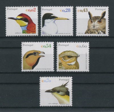 2002 - Afinsa nº 2844/2849. Aves de Portugal (3º grupo). Série nova sem charneira. Goma Original. Em boas condições.