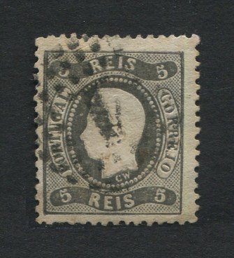 1867/70 - Afinsa nº 27. D. Luís I, fita curva denteado.Selo de 5 reis usado. Pequena transparência.