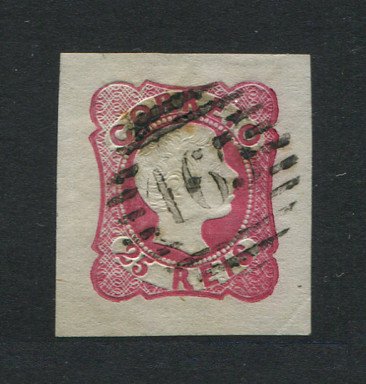 1856/8 - Afinsa nº 13. D. Pedro V. Cabelos anelados.Selo de 25 reis usado. Boas margens mas apresenta um pequeno furo de alfinete/transparência. Carimbo nº 165 - Elvas. EXEMPLAR DE 2ª ESCOLHA.