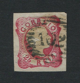 1856/8 - Afinsa nº 13. D. Pedro V. Cabelos anelados.Selo de 25 reis usado. Boas margens mas apresenta uma pequena transparência. Carimbo nº 102 - Viana do Castelo. EXEMPLAR DE 2ª ESCOLHA.