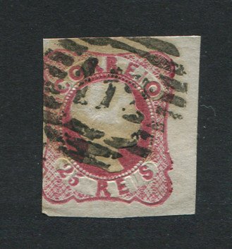 1856/8 - Afinsa nº 13. D. Pedro V. Cabelos anelados.Selo de 25 reis usado. Margens pequenas. Em boas condições. Carimbo nº 112 - Viseu. EXEMPLAR DE 2ª ESCOLHA.