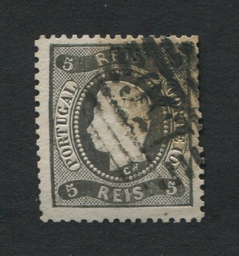 1867/70 - Afinsa nº 27. D. Luís I, fita curva denteado.Selo de 5 reis usado. Carimbo nº 156 - Tomar. Tem o denteado irregular.