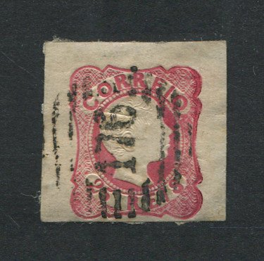 1856/8 - Afinsa nº 13. D. Pedro V. Cabelos anelados.Selo de 25 reis usado. Boas margens mas apresenta algum papel colado no verso. Carimbo nº 176 - Vila Real. EXEMPLAR DE 2ª ESCOLHA.