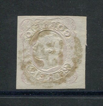 1856/8 - Afinsa nº 13. D. Pedro V. Cabelos anelados.Selo de 25 reis usado. Margens pequenas. Apresenta o cunho ligeiramente aberto. Carimbo nº 159 - Estremoz. EXEMPLAR DE 2ª ESCOLHA.