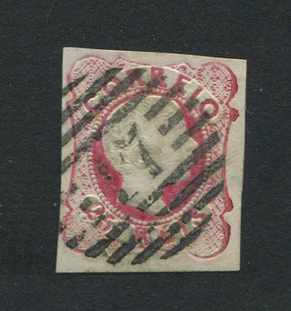 1856/8 - Afinsa nº 13. D. Pedro V. Cabelos anelados.Selo de 25 reis usado. Margens pequenas. Apresenta o cunho ligeiramente aberto. Carimbo nº 17 - Caldas. EXEMPLAR DE 2ª ESCOLHA.