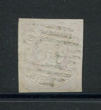 1856/8 - Afinsa nº 13. D. Pedro V. Cabelos anelados.Selo de 25 reis usado. Margens pequenas. Em boas condições. Precursor dos Açores - Carimbo 48 - Angra do Heroísmo. EXEMPLAR DE 2ª ESCOLHA.