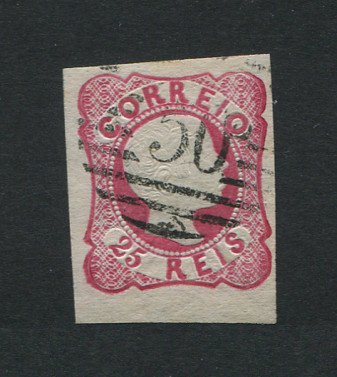 1856/8 - Afinsa nº 13. D. Pedro V. Cabelos anelados.Selo de 25 reis usado. Margens pequenas. Apresenta o cunho ligeiramente aberto. Precursor dos Açores - Carimbo 50 - Ponta Delgada. EXEMPLAR DE 2ª ESCOLHA.