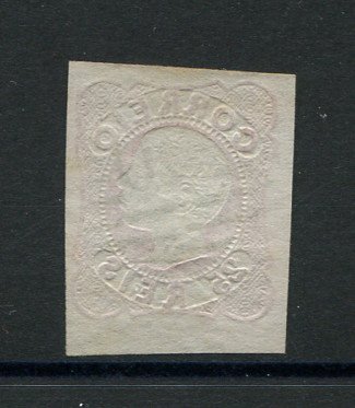 1856/8 - Afinsa nº 13. D. Pedro V. Cabelos anelados.Selo de 25 reis usado. Margens pequenas. Apresenta o cunho ligeiramente aberto. Precursor dos Açores - Carimbo 50 - Ponta Delgada. EXEMPLAR DE 2ª ESCOLHA.