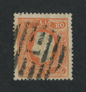 1867/70 - Afinsa nº 32. D. Luís I, fita curva denteado. Selo de 80 reis usado. Em boas condições.