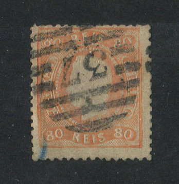 1867/70 - Afinsa nº 32. D. Luís I, fita curva denteado.Selo de 80 reis usado. Carimbo nº 37 - Setúbal (2ª Reforma). Apresenta o cunho ligeiramente aberto.