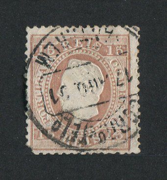 1870/6 - Afinsa nº 38E. D. Luis I, fita direita.Selo de 15 reis usado. Papel porcelana, denteado 12 1/2. Canto curto.