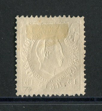 1870/6 - Afinsa nº 38E. D. Luis I, fita direita.Selo de 15 reis usado. Papel porcelana, denteado 12 1/2. Pequeno vinco.