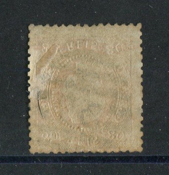 1867/70 - Afinsa nº 32. D. Luís I, fita curva denteado.Selo de 80 reis usado. Carimbo nº 37 - Setúbal (2ª Reforma). Apresenta o cunho ligeiramente aberto.