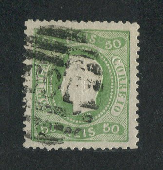 1867/70 - Afinsa nº 31. D. Luís I, fita curva denteado. Selo de 50 reis usado. Carimbo nº 165 - Campo Maior (2ª Reforma). Em boas condições.