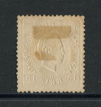 1870/6 - Afinsa nº 38J. D. Luis I, fita direita.Selo de 15 reis usado. Papel porcelana, denteado 13 1/2. Pequena transparência.