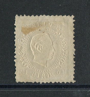 1870/6 - Afinsa nº 38. D. Luis I, fita direita. Selo de 15 reis usado. Papel liso, denteado 12 1/2. Em boas condições.