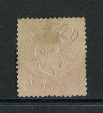 1870/6 - Afinsa nº 38. D. Luis I, fita direita.Selo de 15 reis usado. Papel liso, denteado 12 1/2. Carimbo de Elvas. Pequeno vinco.