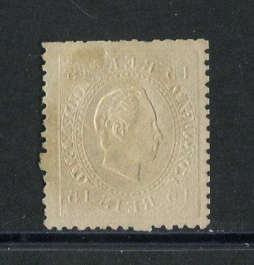 1870/6 - Afinsa nº 38. D. Luis I, fita direita.Selo de 15 reis usado. Papel liso, denteado 12 1/2. Denteado irregular.