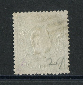 1867/70 - Afinsa nº 31. D. Luís I, fita curva denteado. Selo de 50 reis usado. Carimbo nº 165 - Campo Maior (2ª Reforma). Em boas condições.