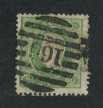 1867/70 - Afinsa nº 31. D. Luís I, fita curva denteado.Selo de 50 reis usado. Carimbo nº 166 - Castelo Branco (2ª Reforma). Tem um pequeno rasgo na margem direita.