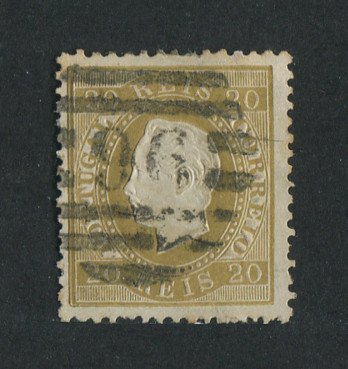 1870/6 - Afinsa nº 39. D. Luis I, fita direita. Selo de 20 reis usado. Papel liso, denteado 12 1/2. Carimbo nº 96 - Louzã Lousã (2ª Reforma). Em boas condições.