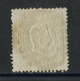 1867/70 - Afinsa nº 31. D. Luís I, fita curva denteado.Selo de 50 reis usado. Carimbo nº 166 - Castelo Branco (2ª Reforma). Tem um pequeno rasgo na margem direita.