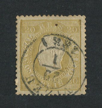 1870/6 - Afinsa nº 39D. D. Luis I, fita direita.Selo de 20 reis usado. Papel liso, denteado 13 1/2. Carimbo de Viseu. Pequena transparência.