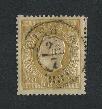 1870/6 - Afinsa nº 39D. D. Luis I, fita direita.Selo de 20 reis usado. Papel liso, denteado 13 1/2. Pequena transparência.