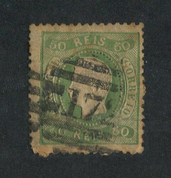 1867/70 - Afinsa nº 31. D. Luís I, fita curva denteado.Selo de 50 reis usado. Carimbo nº 172 - Elvas (2ª Reforma). Vários defeitos.
