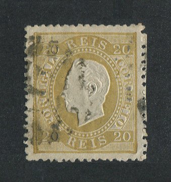 1870/6 - Afinsa nº 39D. D. Luis I, fita direita.Selo de 20 reis usado. Papel liso, denteado 13 1/2. Pequena transparência.