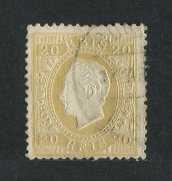1870/6 - Afinsa nº 39i. D. Luis I, fita direita. Selo de 20 reis usado. Papel porcelana, denteado 12 1/2. Em boas condições.